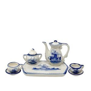 Vintage Delfts Blue White Miniature Ceramic Tea Set 9 Pieces Windmill Holland